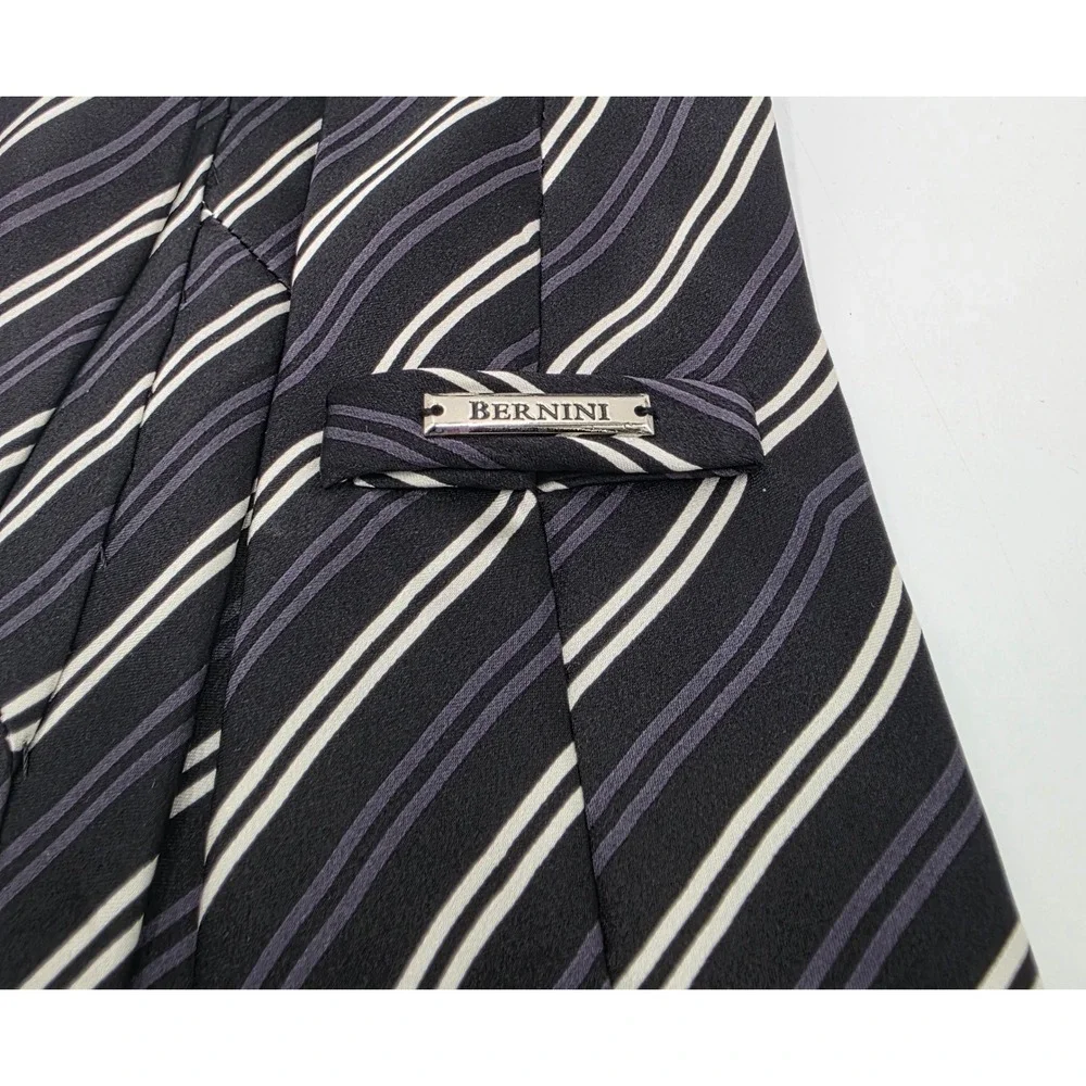 Bernini Platinum Silk Necktie Black White Grey Diagonal Stripe Hand Made NWT